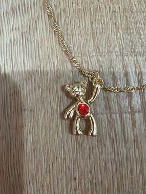 NEW🧸Gold Teddy Bear Pendant Necklace with Red Gem